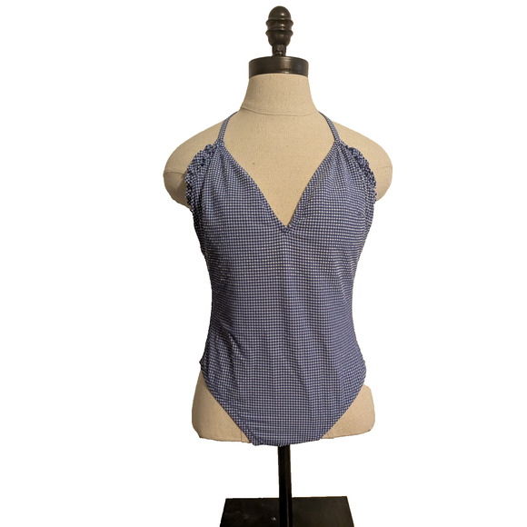 j crew gingham one piece swimsuit size 4 blue ruffle - Picture 1 of 9